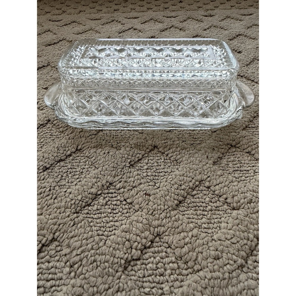 Vintage Wexford Anchor Hocking Glass Covered Butter Dish Diamond Point Pattern